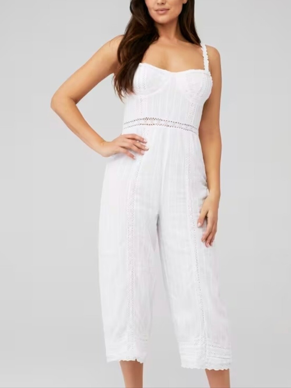 Show Me Your Mumu White Boho Jumpsuit Corset Eyelet Lace Textured XS